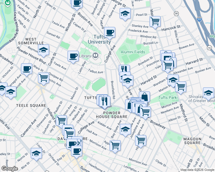 map of restaurants, bars, coffee shops, grocery stores, and more near 66 Bromfield Road in Somerville