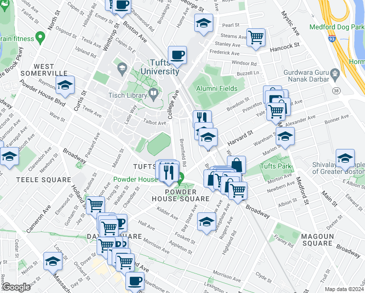 map of restaurants, bars, coffee shops, grocery stores, and more near Bromfield Road in Somerville