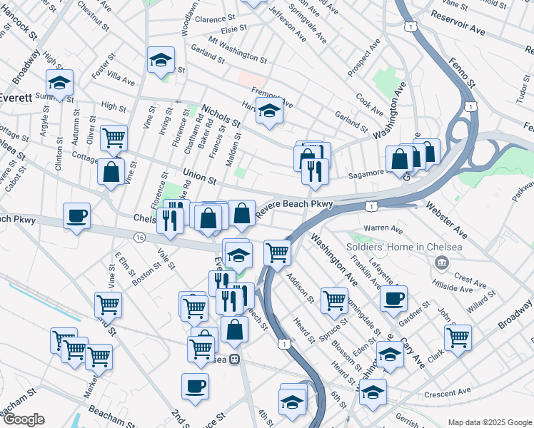 map of restaurants, bars, coffee shops, grocery stores, and more near 40 Reynolds Avenue in Chelsea