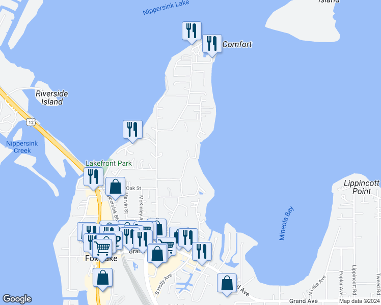 map of restaurants, bars, coffee shops, grocery stores, and more near 91 Cora Avenue in Fox Lake