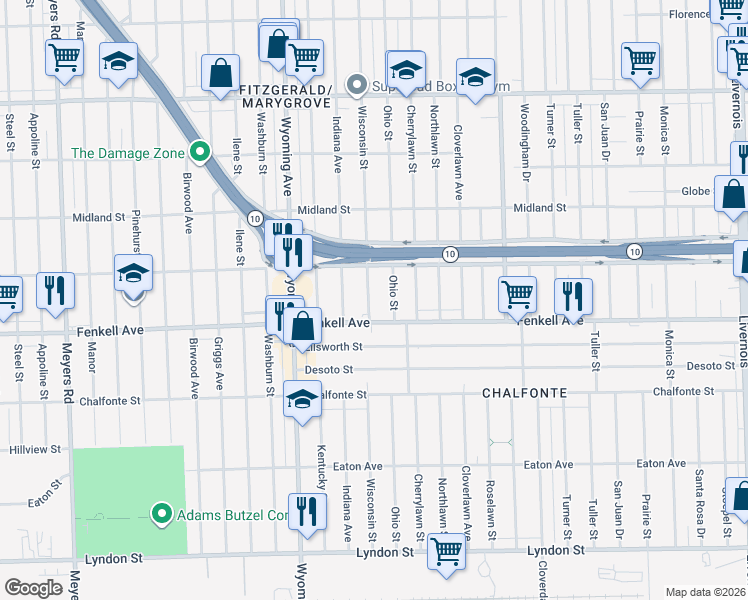 map of restaurants, bars, coffee shops, grocery stores, and more near 15346 Wisconsin Street in Detroit