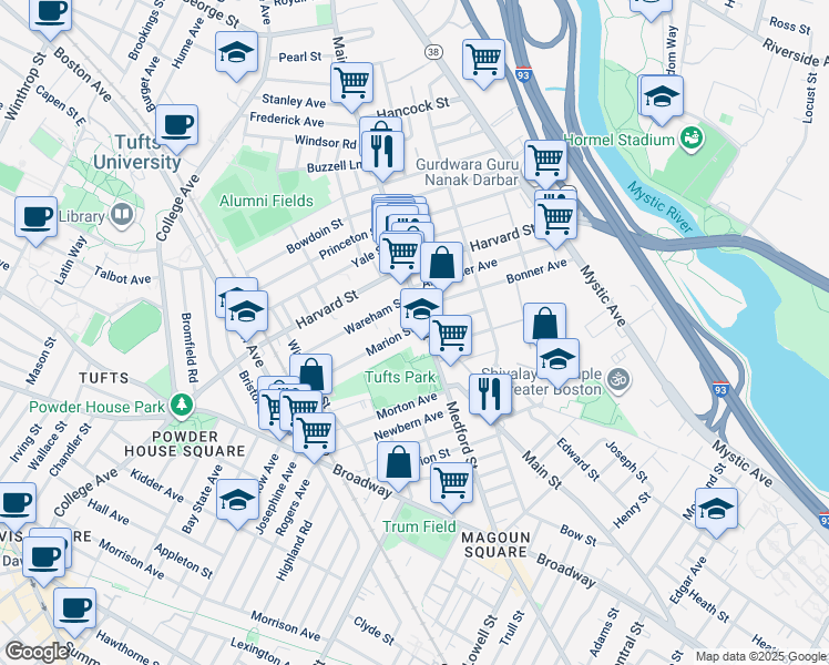 map of restaurants, bars, coffee shops, grocery stores, and more near 419 Main Street in Medford
