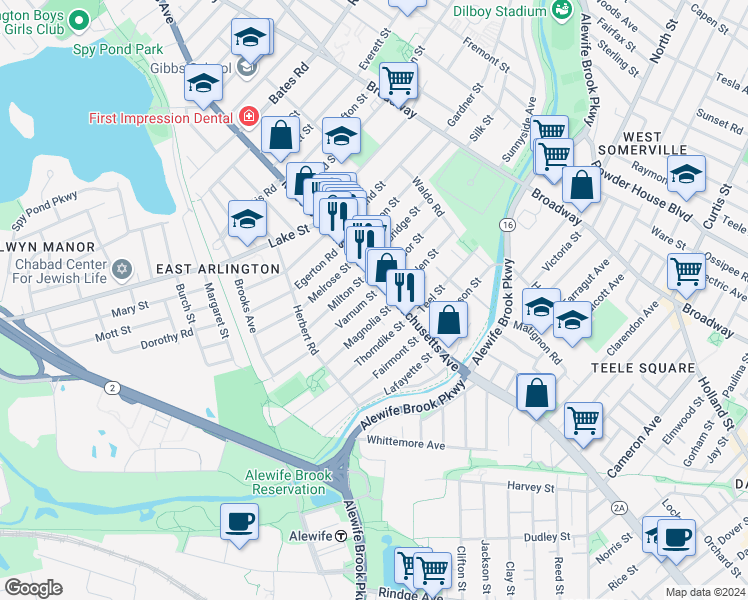 map of restaurants, bars, coffee shops, grocery stores, and more near 10 Varnum Street in Arlington