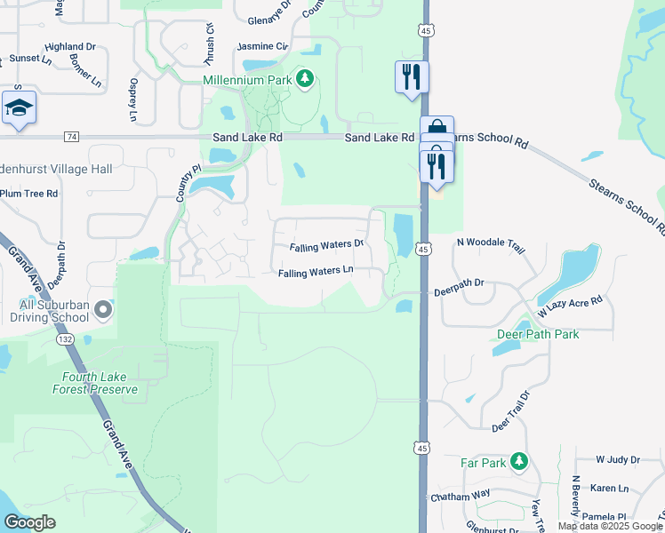 map of restaurants, bars, coffee shops, grocery stores, and more near 3149 Falling Waters Lane in Lindenhurst