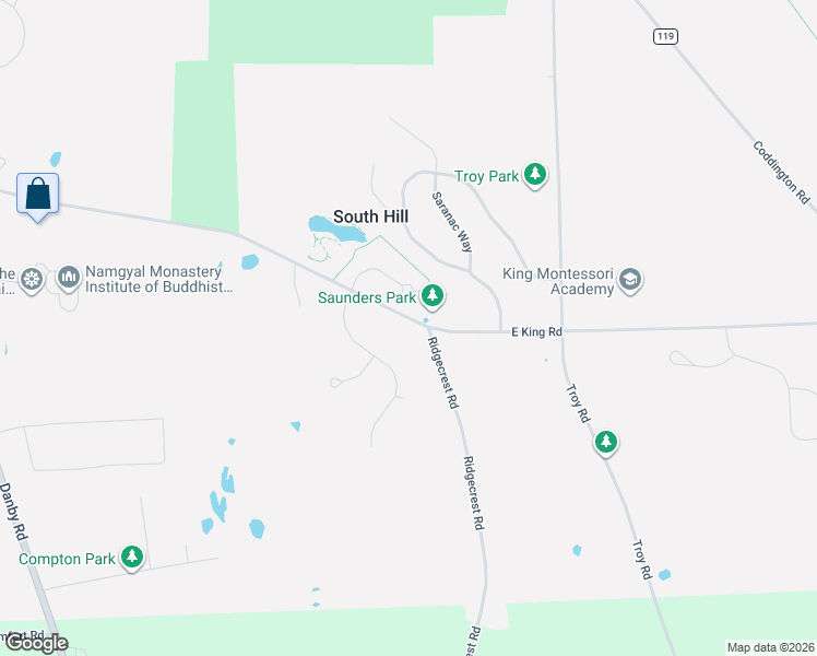 map of restaurants, bars, coffee shops, grocery stores, and more near 195 East King Road in Ithaca