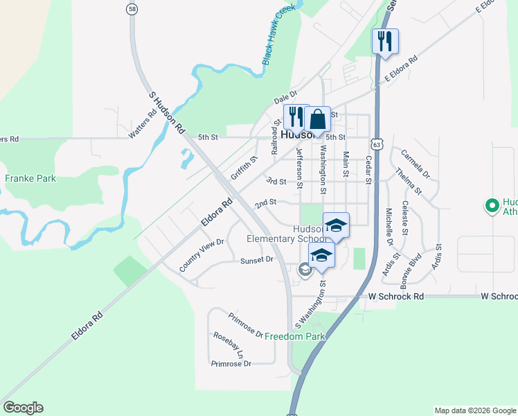 map of restaurants, bars, coffee shops, grocery stores, and more near 366 South Hudson Road in Hudson