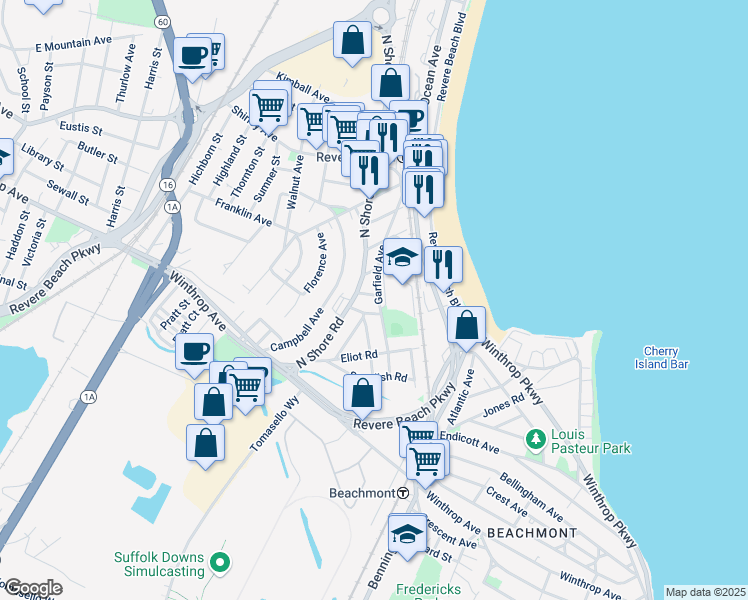 map of restaurants, bars, coffee shops, grocery stores, and more near 128 Garfield Avenue in Revere