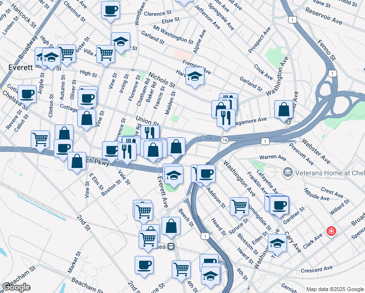 map of restaurants, bars, coffee shops, grocery stores, and more near 31 Reynolds Avenue in Everett