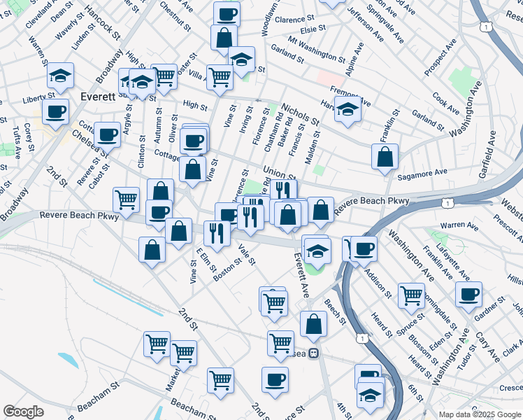 map of restaurants, bars, coffee shops, grocery stores, and more near in Everett