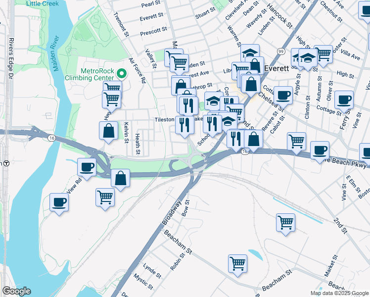 map of restaurants, bars, coffee shops, grocery stores, and more near 79 Main Street in Everett