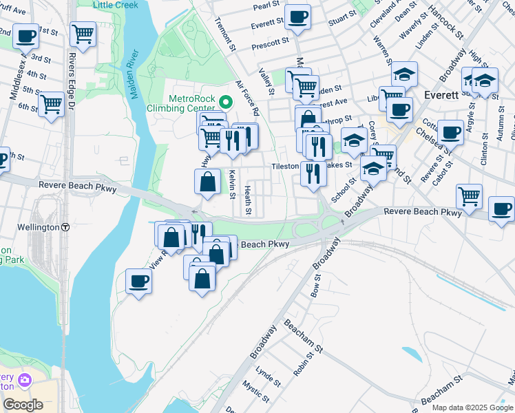 map of restaurants, bars, coffee shops, grocery stores, and more near 19 Heath Street in Everett