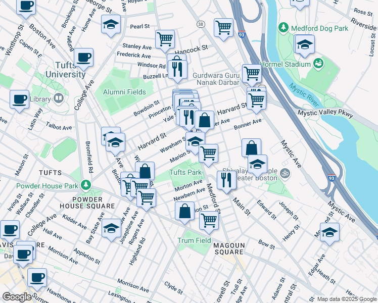 map of restaurants, bars, coffee shops, grocery stores, and more near 419 Main Street in Medford