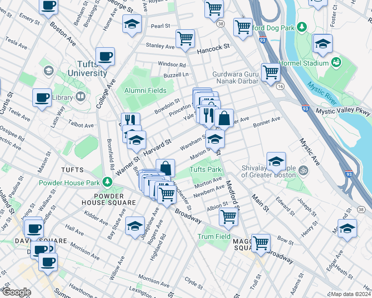 map of restaurants, bars, coffee shops, grocery stores, and more near 53 Wareham Street in Medford