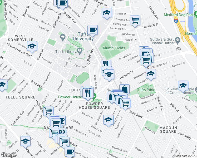 map of restaurants, bars, coffee shops, grocery stores, and more near 66 Bromfield Road in Somerville