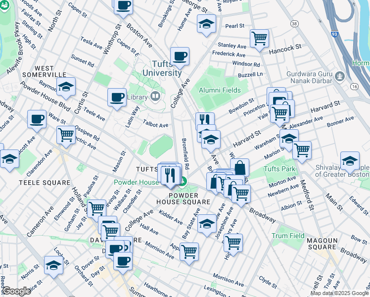 map of restaurants, bars, coffee shops, grocery stores, and more near 66 Bromfield Road in Somerville