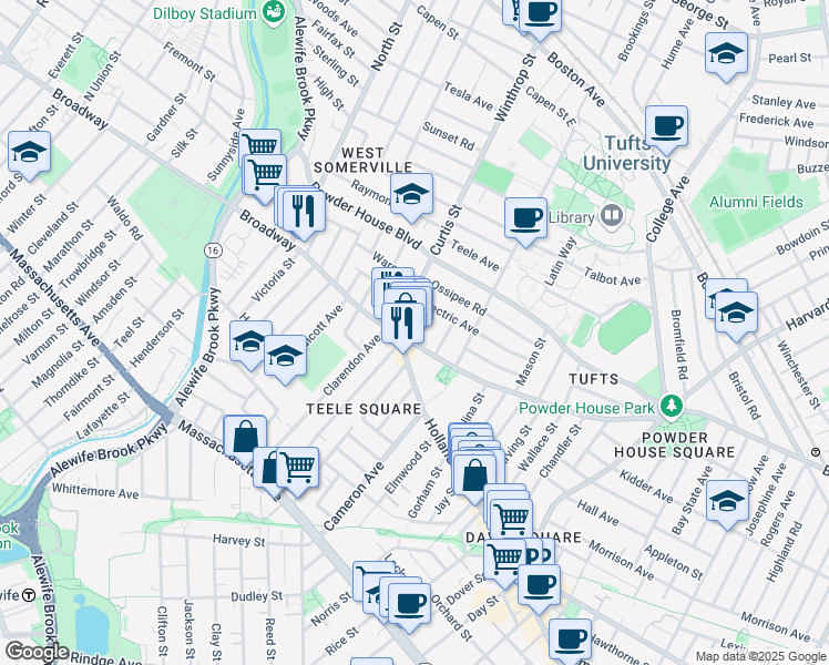 map of restaurants, bars, coffee shops, grocery stores, and more near 5 Curtis Street in Somerville