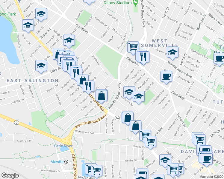 map of restaurants, bars, coffee shops, grocery stores, and more near 45 Henderson Street in Arlington