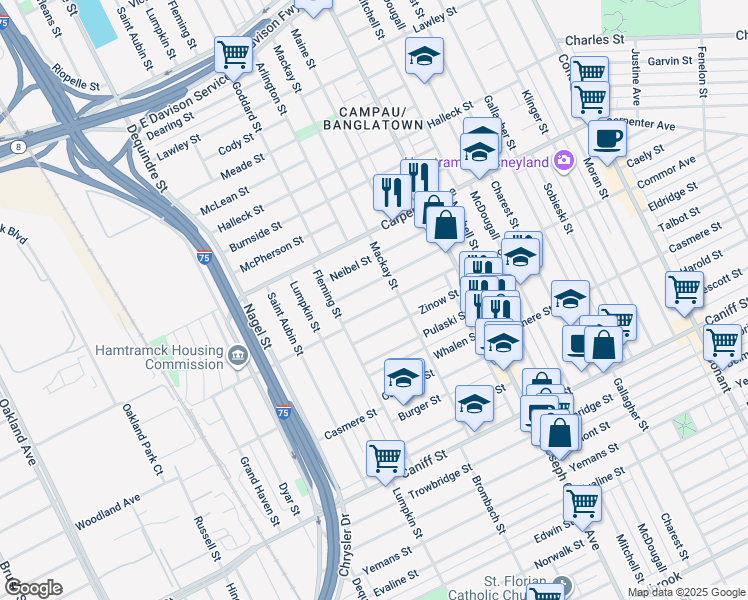 map of restaurants, bars, coffee shops, grocery stores, and more near 2370 Botsford Street in Hamtramck