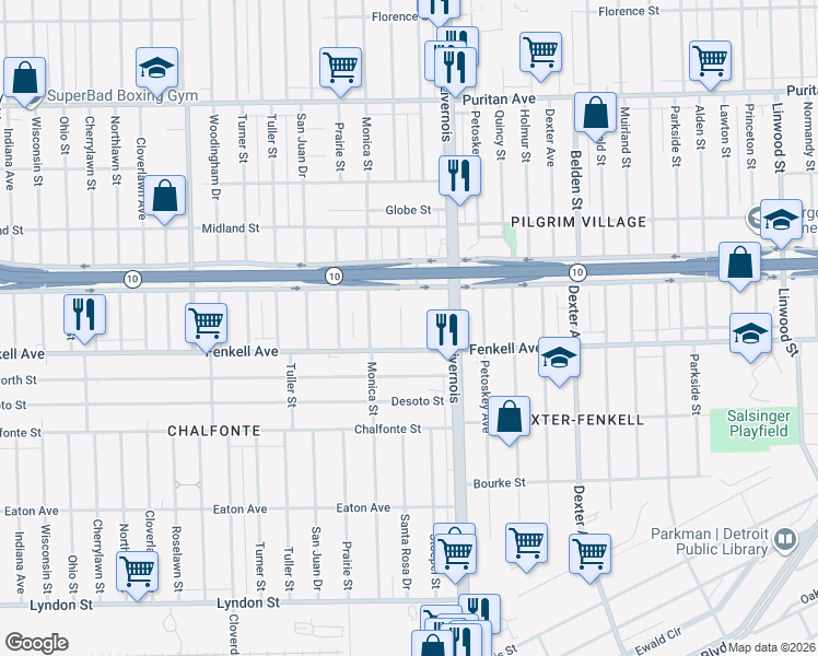 map of restaurants, bars, coffee shops, grocery stores, and more near 15354 Santa Rosa Drive in Detroit