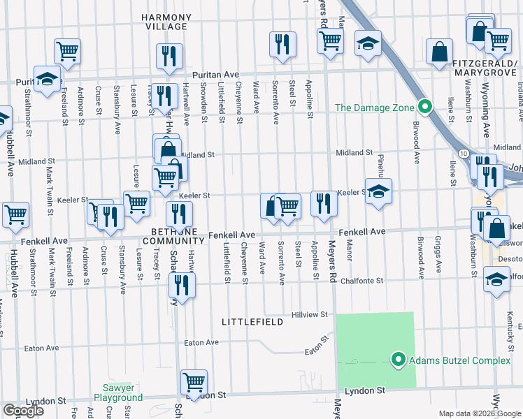map of restaurants, bars, coffee shops, grocery stores, and more near 15358 Ward Avenue in Detroit