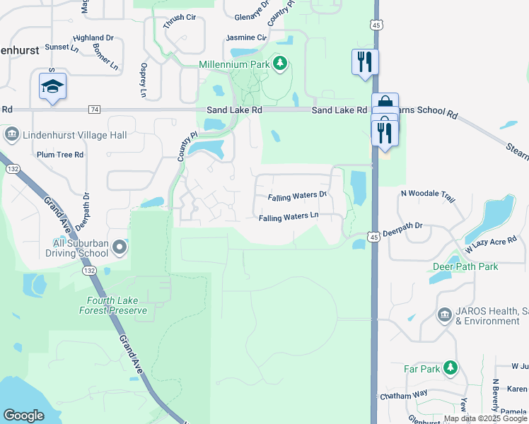 map of restaurants, bars, coffee shops, grocery stores, and more near 3067 Falling Waters Lane in Lindenhurst