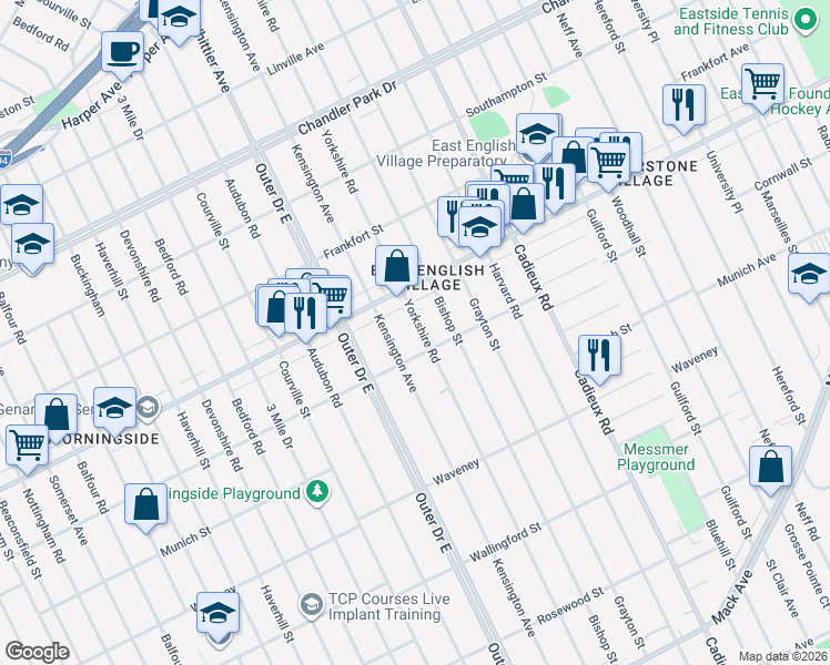 map of restaurants, bars, coffee shops, grocery stores, and more near 4843 Yorkshire Road in Detroit
