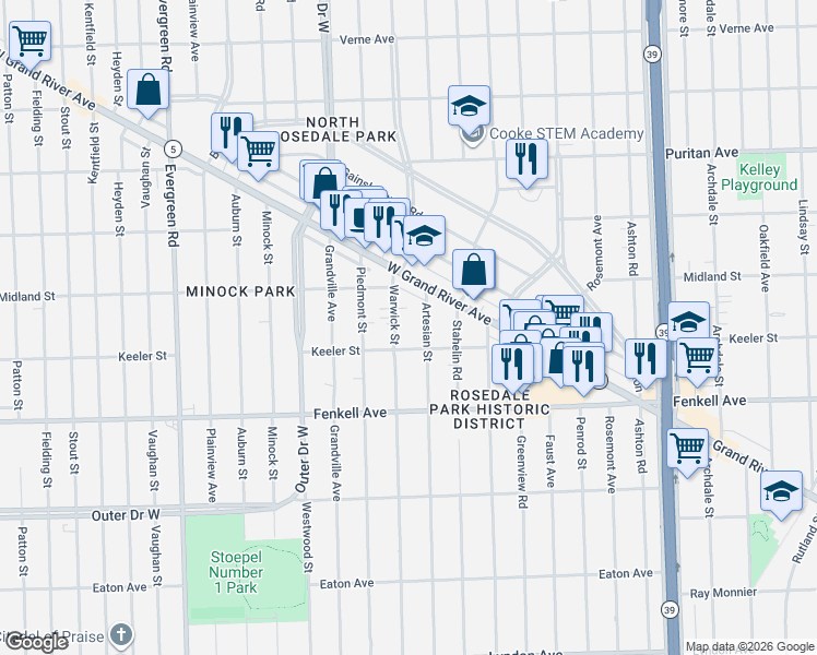 map of restaurants, bars, coffee shops, grocery stores, and more near 15455 Warwick Street in Detroit