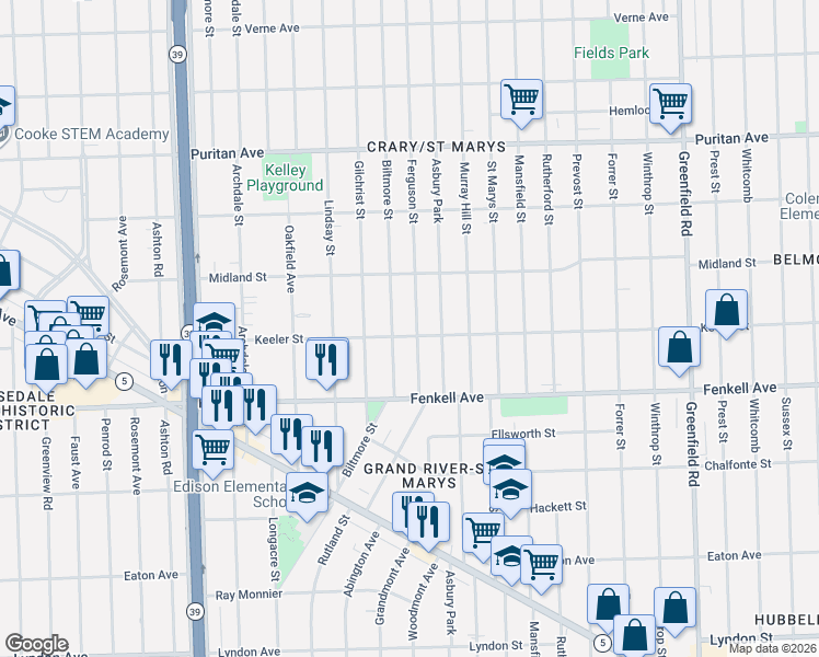 map of restaurants, bars, coffee shops, grocery stores, and more near 15425 Ferguson Street in Detroit