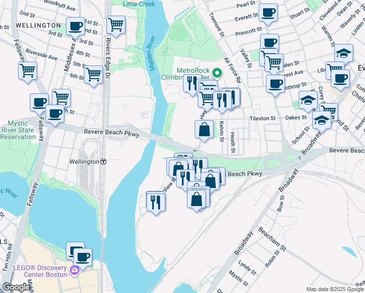 map of restaurants, bars, coffee shops, grocery stores, and more near 2095 Revere Beach Parkway in Everett