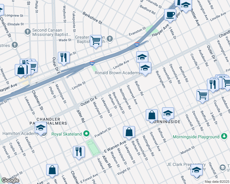 map of restaurants, bars, coffee shops, grocery stores, and more near 5590 Beaconsfield Street in Detroit