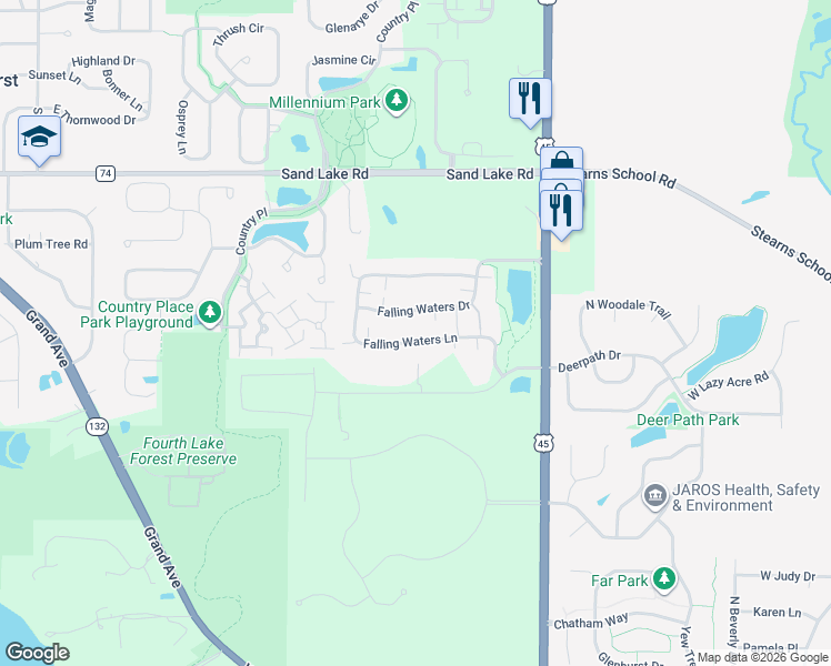 map of restaurants, bars, coffee shops, grocery stores, and more near 3131 Falling Waters Lane in Lindenhurst