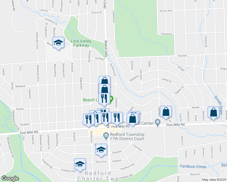 map of restaurants, bars, coffee shops, grocery stores, and more near 15573 Chelsea in Redford Charter Township
