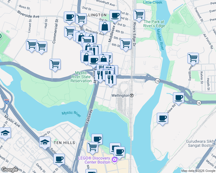 map of restaurants, bars, coffee shops, grocery stores, and more near 50 Station Landing in Medford