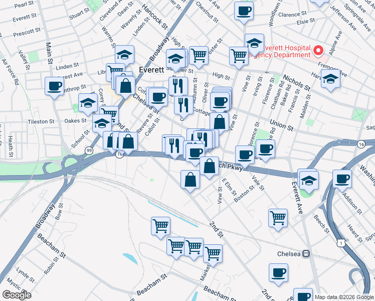 map of restaurants, bars, coffee shops, grocery stores, and more near 1911 Revere Beach Parkway in Everett