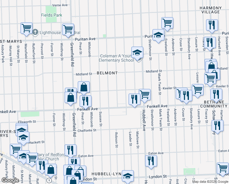 map of restaurants, bars, coffee shops, grocery stores, and more near 15377 Robson Street in Detroit
