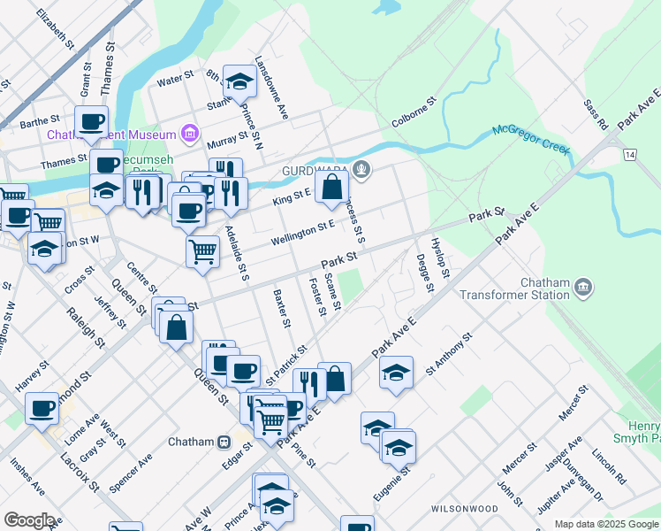 map of restaurants, bars, coffee shops, grocery stores, and more near 232 Park Street in Chatham