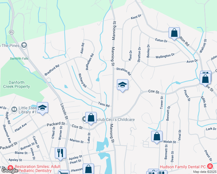 map of restaurants, bars, coffee shops, grocery stores, and more near 200 Manning Street in Hudson