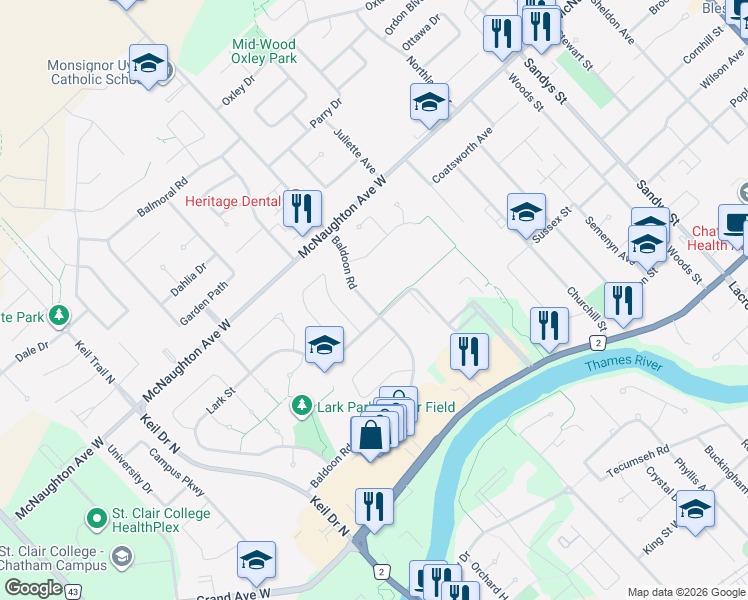 map of restaurants, bars, coffee shops, grocery stores, and more near 272 Baldoon Road in Chatham