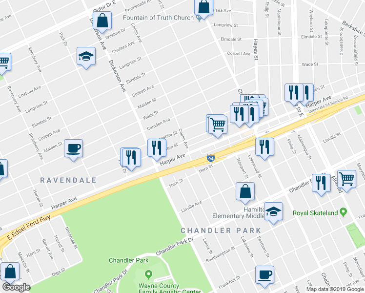 map of restaurants, bars, coffee shops, grocery stores, and more near 13138 Evanston Street in Detroit
