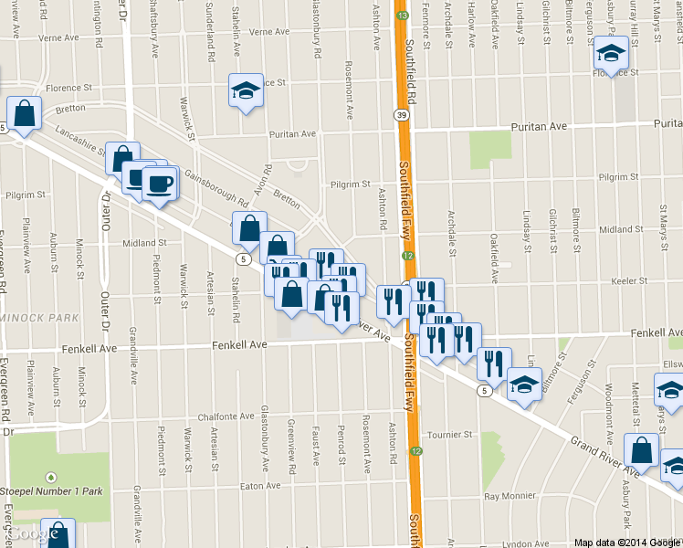 map of restaurants, bars, coffee shops, grocery stores, and more near 18440 Lancashire St in Detroit