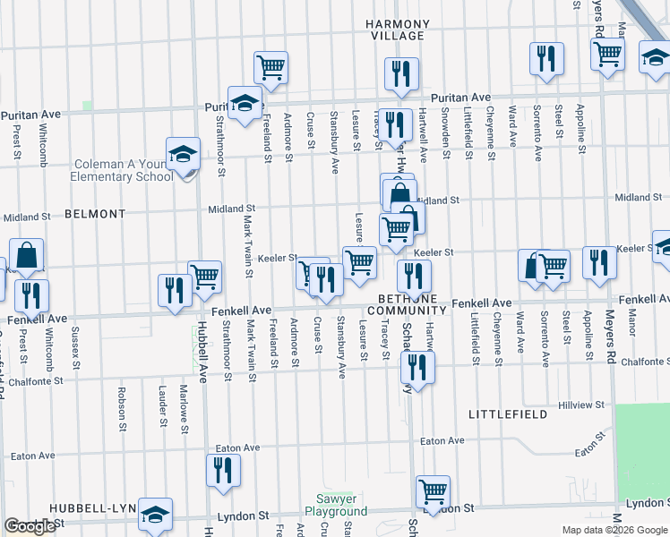 map of restaurants, bars, coffee shops, grocery stores, and more near 15385 Stansbury Avenue in Detroit