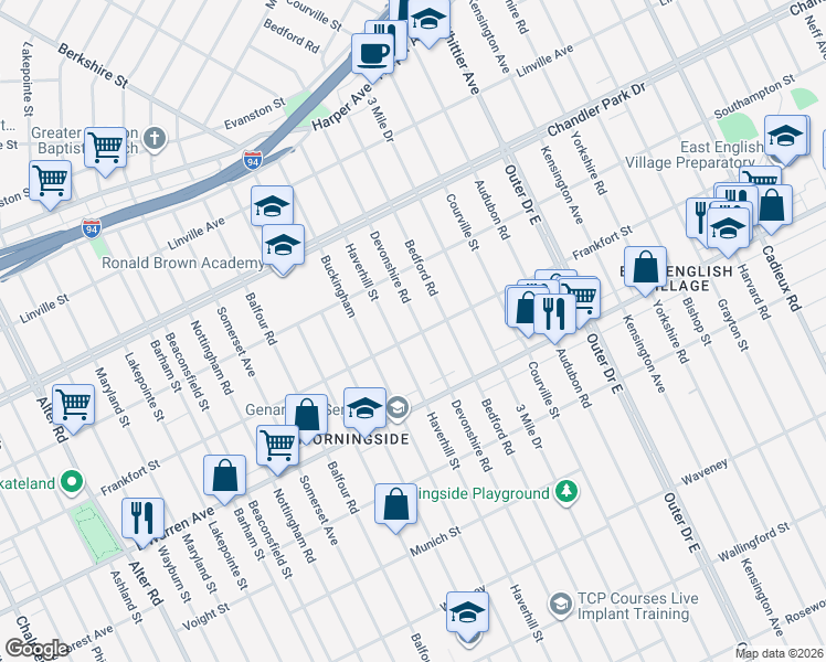 map of restaurants, bars, coffee shops, grocery stores, and more near 5226 Haverhill Street in Detroit