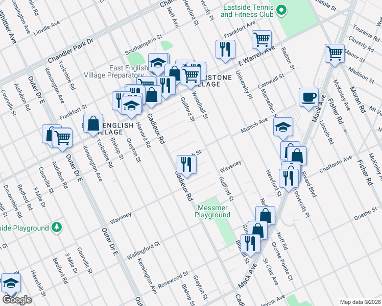 map of restaurants, bars, coffee shops, grocery stores, and more near 17189 Munich Street in Detroit