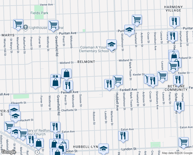map of restaurants, bars, coffee shops, grocery stores, and more near 15377 Robson Street in Detroit