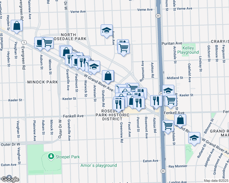 map of restaurants, bars, coffee shops, grocery stores, and more near Grand River Ave & Glastonbury Ave in Detroit
