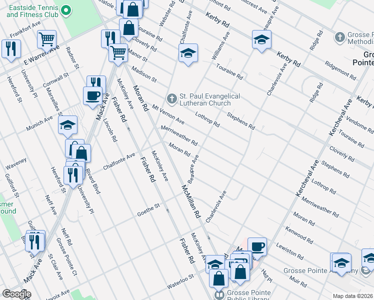 map of restaurants, bars, coffee shops, grocery stores, and more near 316 Moran Road in Grosse Pointe Farms
