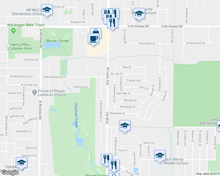 map of restaurants, bars, coffee shops, grocery stores, and more near 2809 North Lewis Avenue in Waukegan