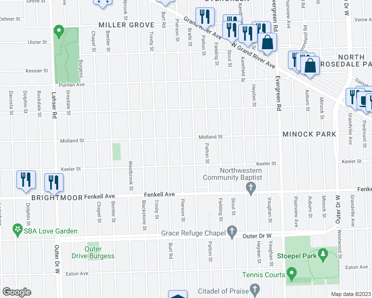 map of restaurants, bars, coffee shops, grocery stores, and more near 15470 Pierson Street in Detroit