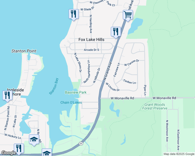 map of restaurants, bars, coffee shops, grocery stores, and more near 37171 North Hillside Drive in Lake Villa