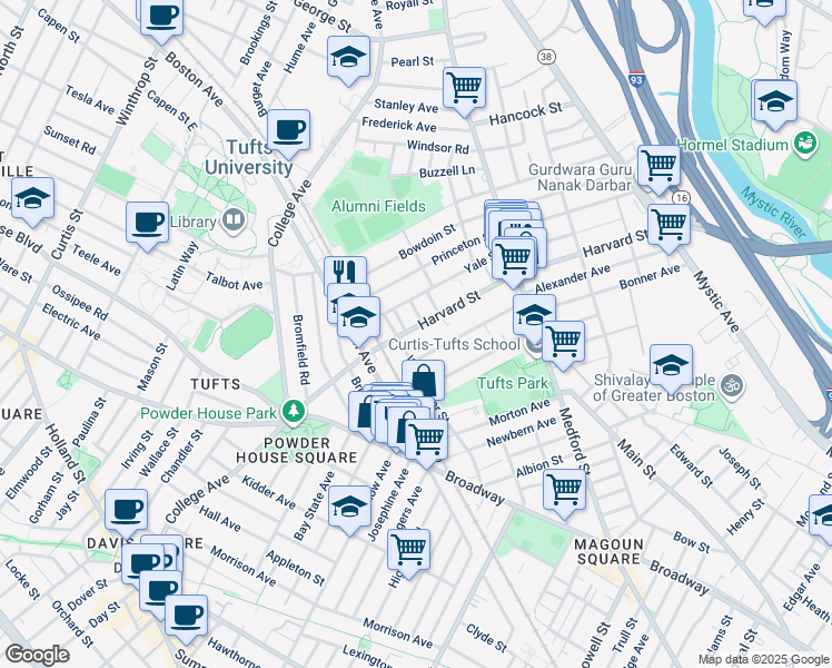 map of restaurants, bars, coffee shops, grocery stores, and more near 270 Harvard Street in Medford